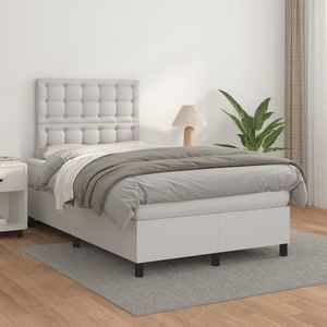 vidaXL Pat box spring cu saltea, alb, 120x200 cm, piele ecologică imagine