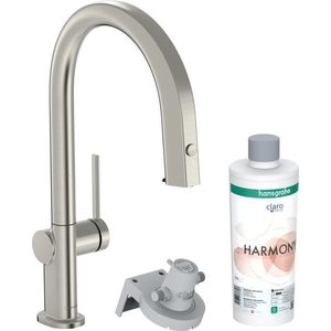 Baterie bucatarie Hansgrohe Aqittura M91 210 cu 3 cai si sistem filtrare dus extractibil 1 jet si sBox inox optic imagine