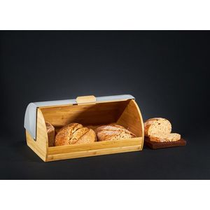 Cutie pentru paine cu capac metalic Natural, Ambition, 39x28x18.5 cm, bambus/metal, natur/gri imagine