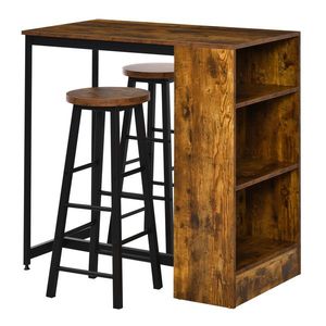 HOMCOM Set Masă Industrială 3 Piese, Masă de Bar cu Raft Depozitare și 2 Scaune, Maro Rustic, Design Compact | Aosom Romania imagine