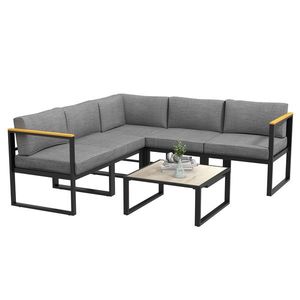 Outsunny Set de Mobilier de Grădină din 6 Piese, Set de Exterior cu Masă și Canapea cu cadru din Aluminiu cu Cotiere, 65x65x31 cm, Gri | Aosom Romania imagine