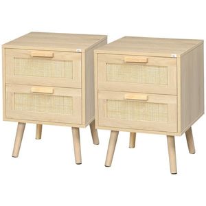 HOMCOM Set 2 Noptiere Boho Elegante, Mobilier Dormitor cu 2 Sertare, 40x40x56cm, Lemn Natural | Aosom Romania imagine