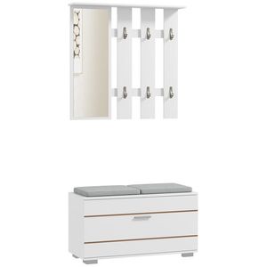 HOMCOM Set de Depozitare pentru Hol 4-în-1, Cuiere, Oglindă, Bancă pentru Încălțăminte cu Scaun, 85x35x49 cm, Alb | Aosom Romania imagine