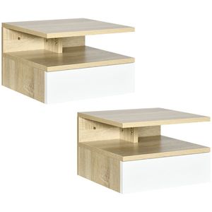 HOMCOM Set de 2 Noptiere Suspendate cu Sertar și Poliță Superioară, Noptiere Moderne din Lemn, 35x32x22.5 cm, Lemn Natural | Aosom Romania imagine