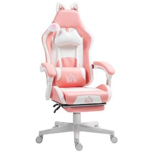 HOMCOM Scaun de Gaming Ergonomic cu Urechi de Pisică, Suport pentru Picioare și Suport Lombar, 65x62x116-124 cm, Roz | Aosom Romania imagine