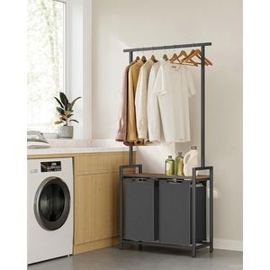 Cos de rufe cu 2 compartimente, raft suspendat si bara umerase, Vasagle, 2 x 46 L, 73x33x177 cm, PAL/otel, maro/negru imagine