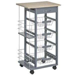 HOMCOM Cărucior de Bucătărie Gri Închis, 1 Sertar, 4 Coșuri Metalice, 2 Etajere, MDF, Lemn de Pin, Metal, 47x37x83cm | Aosom Romania imagine