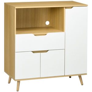 HOMCOM Dulap Multifuncțional pentru Cuptor cu Microunde, PAL, Raft Deschis, 2 Dulapuri, Sertar, 90x40x98.5cm, Alb și Lemn | Aosom Romania imagine