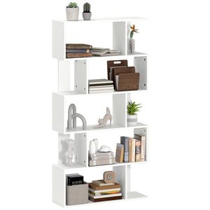 HOMCOM Bibliotecă Asimetrică în Formă de S cu 5 Niveluri și 10 Rafturi Deschise, 80x24x159 cm, Alb | Aosom Romania imagine