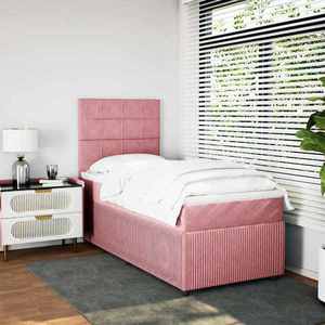 vidaXL Pat box spring cu saltea, roz, 90x190 cm, catifea imagine