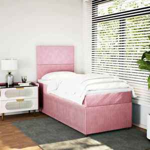 vidaXL Pat box spring cu saltea, roz, 90x190 cm, catifea imagine