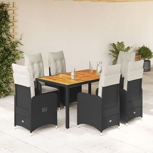 vidaXL Set bistro de grădină, 7 piese, cu perne, negru, poliratan imagine