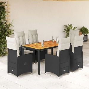 vidaXL Set bistro de grădină, 7 piese, cu perne, negru, poliratan imagine