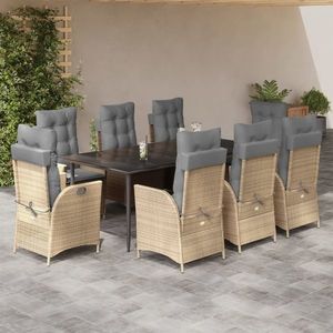 vidaXL Set de masă pentru grădină, 9 piese, cu perne, bej, poliratan imagine