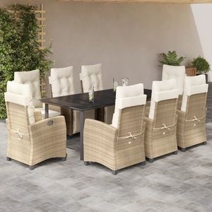 vidaXL Set de masă pentru grădină, 9 piese, cu perne, bej, poliratan imagine