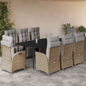 vidaXL Set de masă pentru grădină, 9 piese, cu perne, bej, poliratan imagine