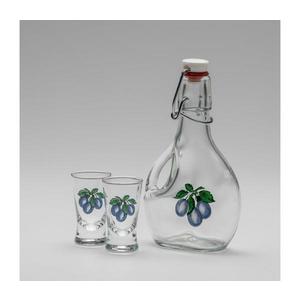 Set 1x sticlă mare + 2x pahar pentru tărie, transparent cu motiv de prună imagine