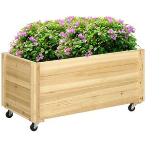 Outsunny Jardinieră de Gradină cu Orificiu de Drenaj și Căptușeală, Jardinieră din Lemn de Brad cu Roți, 89x48x47 cm, Lemn Natural | Aosom Romania imagine