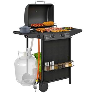 Outsunny Grătar pe Gaz cu Capac, Termometru, Măsuță Laterală și Tavă pentru Colectarea Grăsimii, 107x54x96 cm, Negru | Aosom Romania imagine