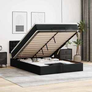 vidaXL Pat otoman cu saltele și LEDs, negru 140x200cm, piele ecologică imagine