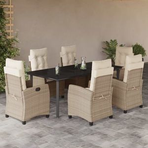 vidaXL Set de masă pentru grădină, 7 piese, cu perne, bej, poliratan imagine