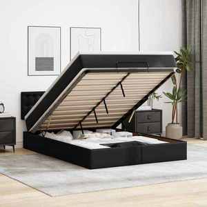 vidaXL Pat otoman cu saltele și LEDs, negru 140x190cm, piele ecologică imagine