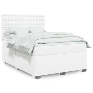 vidaXL Pat box spring cu saltea, alb, 160x200 cm, piele ecologică imagine