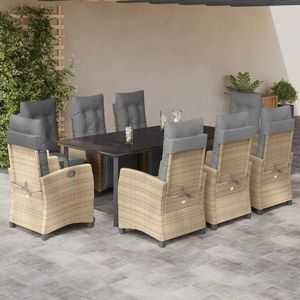 vidaXL Set de masă pentru grădină, 9 piese, cu perne, bej, poliratan imagine