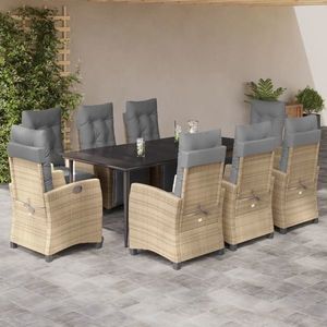 vidaXL Set de masă pentru grădină, 9 piese, cu perne, bej, poliratan imagine