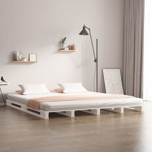 vidaXL Pat din paleți Super King, alb, 180x200 cm, lemn masiv pin imagine