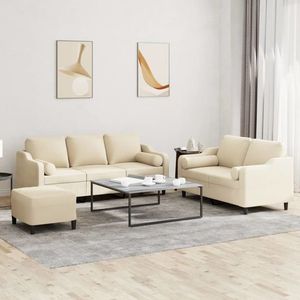 vidaXL Set de canapele cu perne decorative, 3 piese, crem, textil imagine