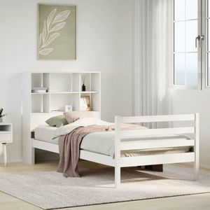 vidaXL Pat cu bibliotecă fără saltea, alb, 90x190 cm, lemn masiv pin imagine