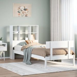 vidaXL Pat cu bibliotecă fără saltea, alb, 90x200 cm, lemn masiv pin imagine