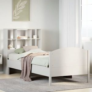 vidaXL Pat cu bibliotecă fără saltea, alb, 90x200 cm, lemn masiv pin imagine
