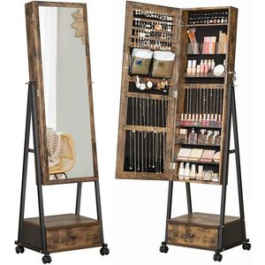 Cabinet bijuterii cu oglinda, Songmics, 41.5 x 37 x 152.5 cm, MDF/otel, maro rustic imagine
