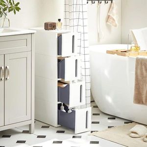 Dulap ingust cu roti / carucior depozitare Songmics, 45 x 17 x 84 cm, 4 sertare, plastic, alb/gri imagine