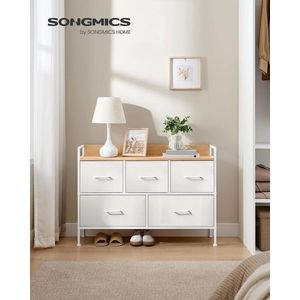 Comoda cu 5 sertare textile, Songmics, 98.2x29x70 cm, otel/MDF/poliester, alb nor/bej imagine