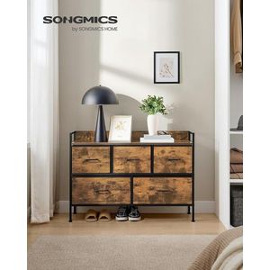 Comoda cu 5 sertare textile, Songmics, 98.2x29x70 cm, otel/MDF/poliester, maro rustic imagine