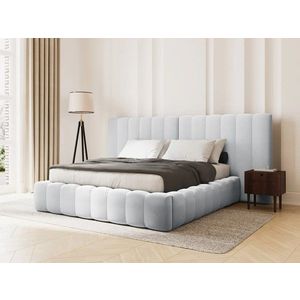 Pat tapitat cu somiera rabatabila si lada depozitare, 160x200 cm, Micadoni Home, Kelp-138, tablie dubla, tesatura structurata chenille, gri deschis imagine