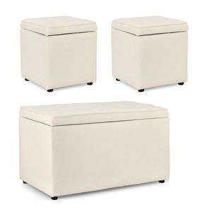 Set 3 taburete cu spatiu de depozitare Derrick, Bizzotto, 40x40x40 cm/89x48x51 cm, lemn de pin/poliester Boucle, alb imagine