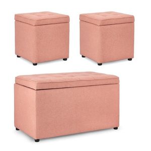 Set 3 taburete cu spatiu de depozitare Derrick, Bizzotto, 40x40x40 cm/89x48x51 cm, lemn de pin/poliester Boucle, roz pastel imagine