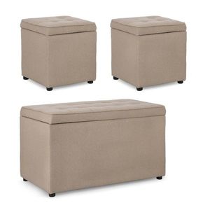 Set 3 taburete cu spatiu de depozitare Derrick, Bizzotto, 40x40x40 cm/89x48x51 cm, lemn de pin/poliester Boucle, grej imagine