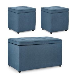 Set 3 taburete cu spatiu de depozitare Derrick, Bizzotto, 40x40x40 cm/89x48x51 cm, lemn de pin/poliester Boucle, albastru imagine