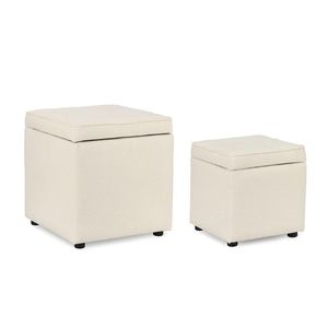 Set 2 taburete cu spatiu de depozitare Derrick, Bizzotto, 35x35x35 cm/45x45x45 cm, lemn de pin/poliester Boucle, alb imagine