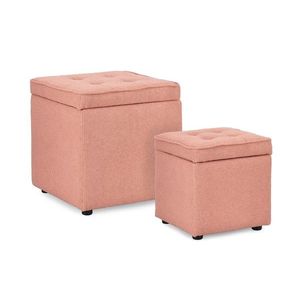 Set 2 taburete cu spatiu de depozitare Derrick, Bizzotto, 35x35x35 cm/45x45x45 cm, lemn de pin/poliester Boucle, roz pastel imagine