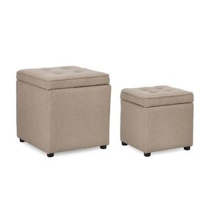 Set 2 taburete cu spatiu de depozitare Derrick, Bizzotto, 35x35x35 cm/45x45x45 cm, lemn de pin/poliester Boucle, grej imagine