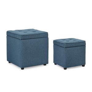 Set 2 taburete cu spatiu de depozitare Derrick, Bizzotto, 35x35x35 cm/45x45x45 cm, lemn de pin/poliester Boucle, albastru imagine
