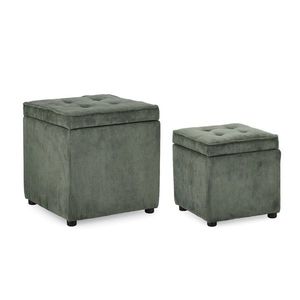 Set 2 taburete cu spatiu de depozitare Dylan, Bizzotto, 35x35x35 cm/45x45x45 cm, velur din poliester/lemn de pin, verde imagine