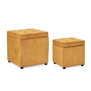 Set 2 taburete cu spatiu de depozitare Dylan, Bizzotto, 35x35x35 cm/45x45x45 cm, velur din poliester/lemn de pin, ocru imagine