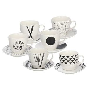 Set 6 cesti cu farfurie pentru ceai, Metropolis Graphic, Tognana, 200 ml, portelan, alb/negru imagine